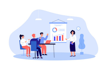 HR specialist giving presentation to employees vector illustration. Female coach trying to increase level of enthusiasm to work among people sitting at table. Employee engagement concept