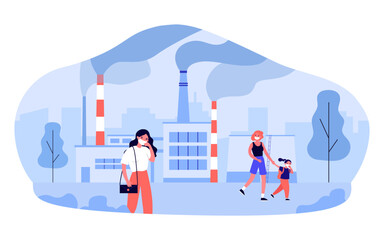 People suffering from air pollution. Woman wearing protective masks in street with smoke from chimneys of factory. Plastic causing air pollution. Vector illustration