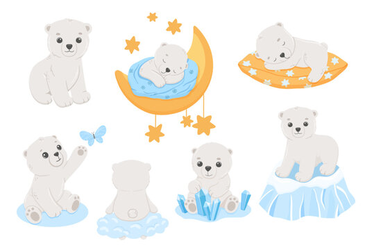 Cute baby bear sleeping on moon, sitting with ice crystals. Vector cartoon hand drawn childish illustrations set for kids.