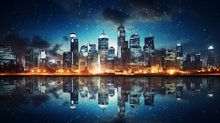 Night view of modern cityscape with reflection in water. 