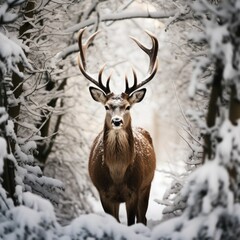 AI generated illustration of a deer standing in a forest in snow