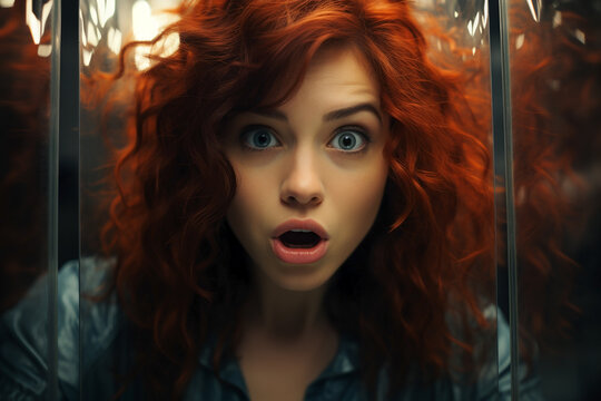 portrait of surprised woman looking in mirror