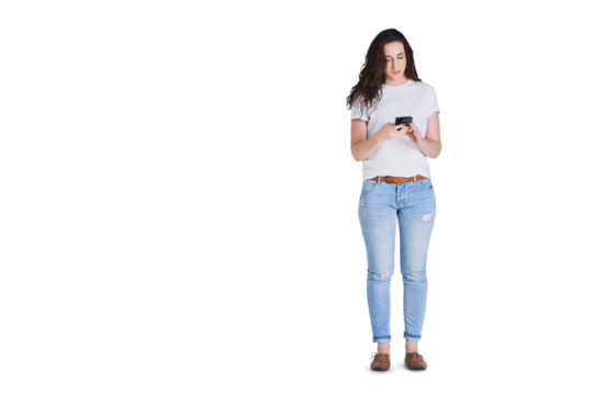 Internet, typing and woman with a smartphone, social media and mobile user isolated on a transparent background. Person, model or girl with a cellphone, digital app and online reading with png or web