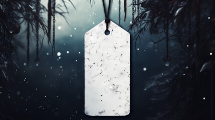 Blank white price tag hanging in winter forest. 