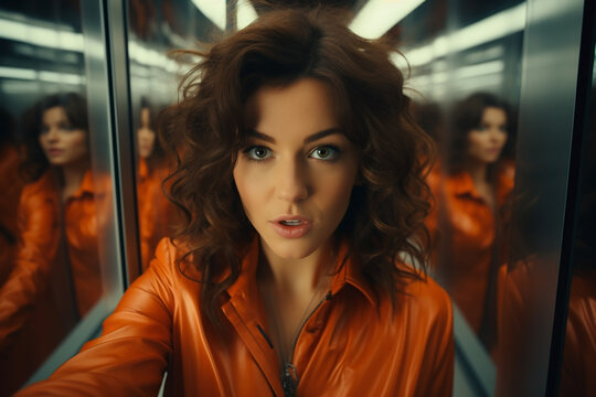 portrait of surprised woman looking in mirror