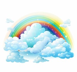 AI generated illustration of a sparkling rainbow over a cluster of clouds in a cartoon style