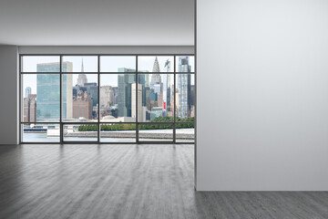 Midtown New York City Manhattan Skyline Buildings Window Background. Real estate Empty room...