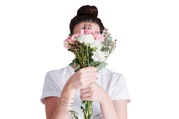 Girl with bouquet to cover face, isolated on transparent png background for love and surprise gift. Nature, bunch of flowers and hidden woman with romantic celebration, floral present and reward.