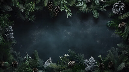 seen from above, Christmas decoration accessories, gifts, candy ribbons, pine leaf ball hangers on a dark background, copy space