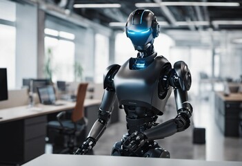 AI generated illustration of a humanoid robot stands next to a desk in an office