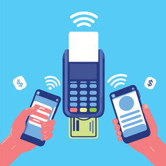Hands of people with cell phones transferring money, dataphone with credit card performing banking operation, internet signal active, on blue background. 