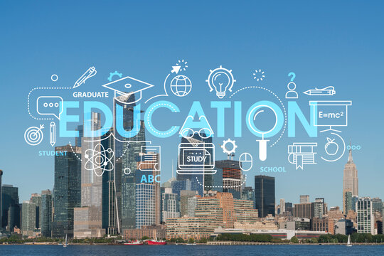 New York City skyline from New Jersey over the Hudson River towards the Hudson Yards at day. Manhattan, Midtown. Technologies and education concept. Academic research, top ranking university, hologram