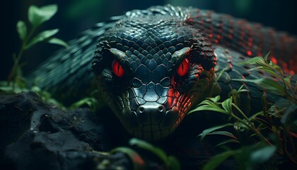 Exotic viper snake with bright red eyes and lush green foliage in the foreground, AI-generated.