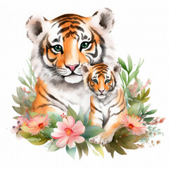 Cute mother tiger with baby with flowers Illustration, Generative Ai