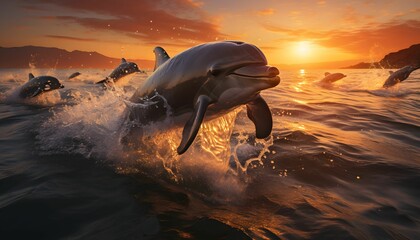 AI generated illustration of A group of  dolphins swimming in the tranquil ocean at sunset