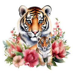 Cute mother tiger with baby with flowers Illustration, Generative Ai