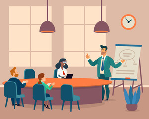 Business executive giving presentation to his employees in meeting room. Vector illustration in cartoon style. Business strategy, planning concept