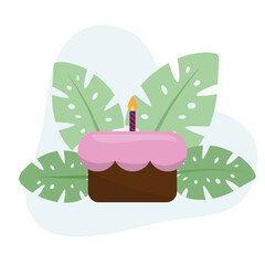 Birthday Cake flat vector Illustration Icon decorated with leaves for web use for celebration, birthday, baking, party, dessert.