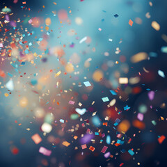 confetti flying in the air as a festive background. falling pieces of foil or paper on a blue backdrop.