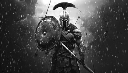 AI generated illustration of a dark knight in stormy landscape, wielding a shield and a sword - obrazy, fototapety, plakaty