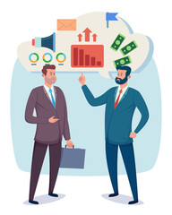 Two business people discussing project and profit at meeting. Flat vector illustration. Startup, partnership concept