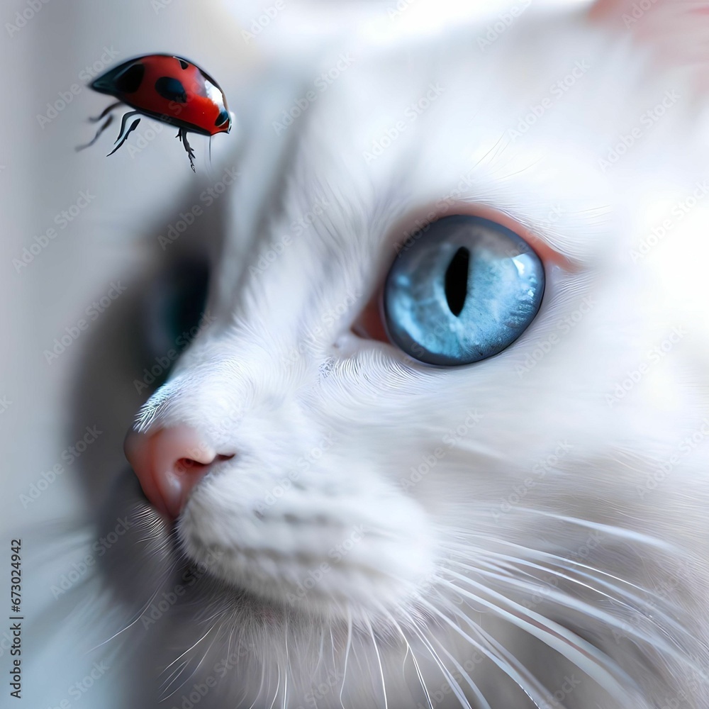 Poster AI generated illustration of a closeup of a white cat looking at a ladybird