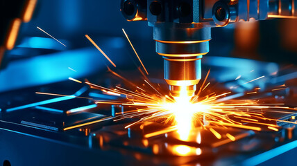 A Laser CNC cut of metal with light spark, technology modern industrial. - obrazy, fototapety, plakaty