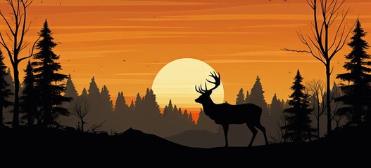 silhouette of animals, deer and trees Generative AI