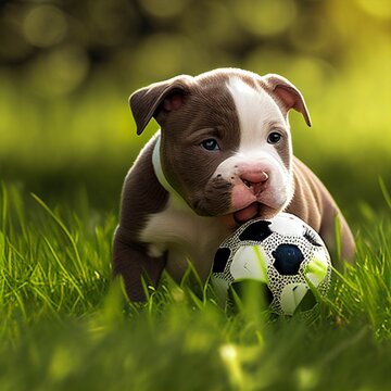 AI Generated Illustration Of An Adorable Pit Bull Puppy Enjoying A Game Of Soccer Outdoors