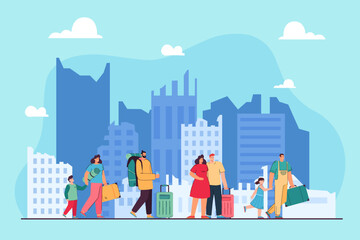 People with suitcases looking for places for migration. Flat vector illustration. Big cities on background. Migration crisis, increased migration, tourism concept - obrazy, fototapety, plakaty