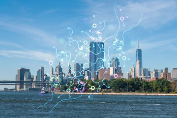 Brooklyn and Manhattan bridges, New York City financial downtown skyline panorama at day time over East River. Artificial Intelligence concept, hologram. AI, machine learning, neural network, robotics - obrazy, fototapety, plakaty