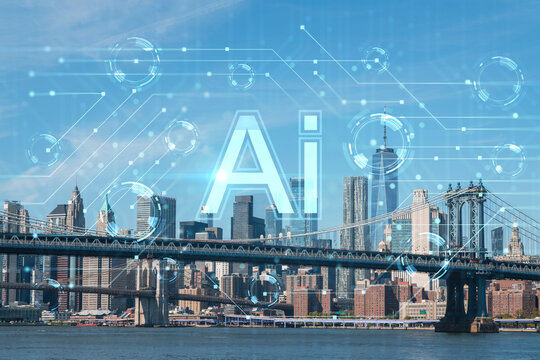 Brooklyn and Manhattan bridges, New York City financial downtown skyline panorama at day time over East River. Artificial Intelligence concept, hologram. AI, machine learning, neural network, robotics