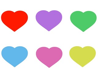 Set of 6 heart vectors in 6 colors. Red, purple, green, blue, pink, yellow hearts.