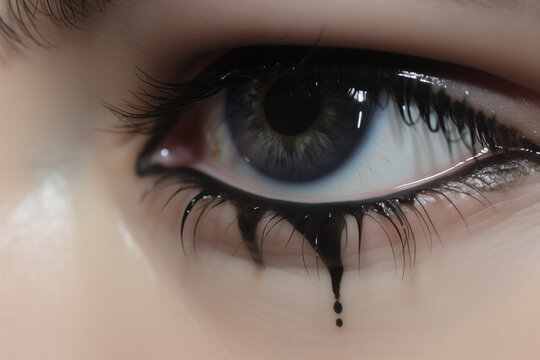 close up of crying eye with smudged black makeup mascara