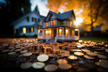 Illuminated model house at sunset surrounded by coin stacks, symbolizing investment, homeownership, and real estate finance.