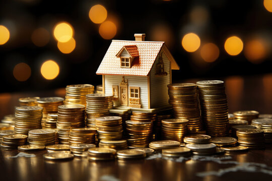 A miniature house surrounded by stacks of golden coins, symbolizing real estate investment and financial security in the housing market.