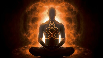 AI generated illustration of a man in a meditation posture against an orange background
