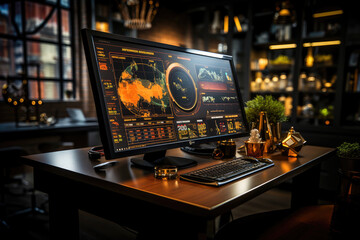 Modern trading workstation with multiple stock market analysis graphs on a computer screen in a stylish office setting.