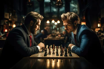 Muurstickers Two businessmen in suits locked in a serious game of chess, symbolizing strategy and competition in a moody, dimly lit room. © apratim
