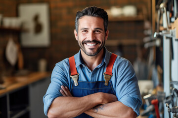 Proud and smiling plumber,  a portrait of a handyman - obrazy, fototapety, plakaty