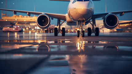 a commercial airliner on a wet tarmac at an airport during nighttime, reflecting the surrounding lights.Background