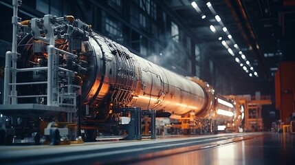 a large industrial machine in a factory setting, possibly involved creating spacecraft propulsion systems.Background - obrazy, fototapety, plakaty
