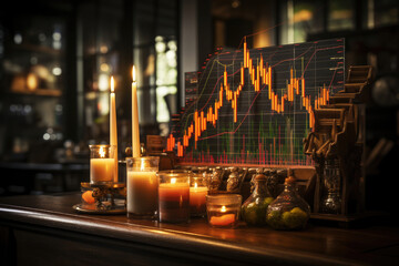 Candlelight illuminates a candlestick chart, symbolizing financial market trends and trading analysis for stock investments.
