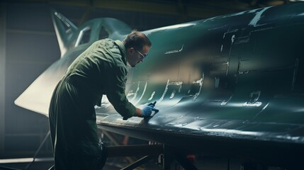 Employees working on the painting and finishing maintenance and mechanical work of a newly constructed fighter plane.Background - obrazy, fototapety, plakaty