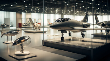 showroom displaying the latest defense aircraft models produced from the manufacturing plant.Background
