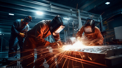 a group of welders in a factory, diligently working on a large metal object, signifying industrial manufacturing and teamwork.Background - obrazy, fototapety, plakaty