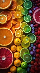 AI generated illustration of a colorful selection of fresh fruits arranged in a rainbow pattern