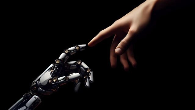 A robot hand and a human hand touching in friendly gesture on a black background animation.