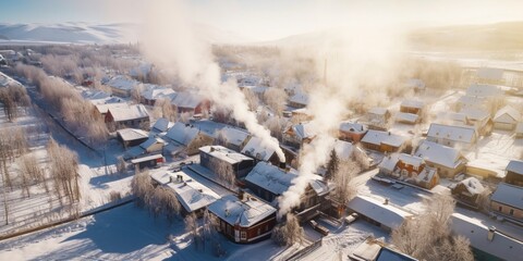 Birds-eye view of a snowy village on a frosty day