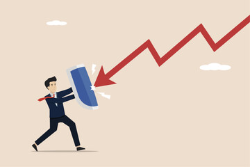 Protection or defensive stock in an economic crisis or market crash, business resilience to survive adversity, businessman holding a shield to cover and protect from the arrow of downturn.